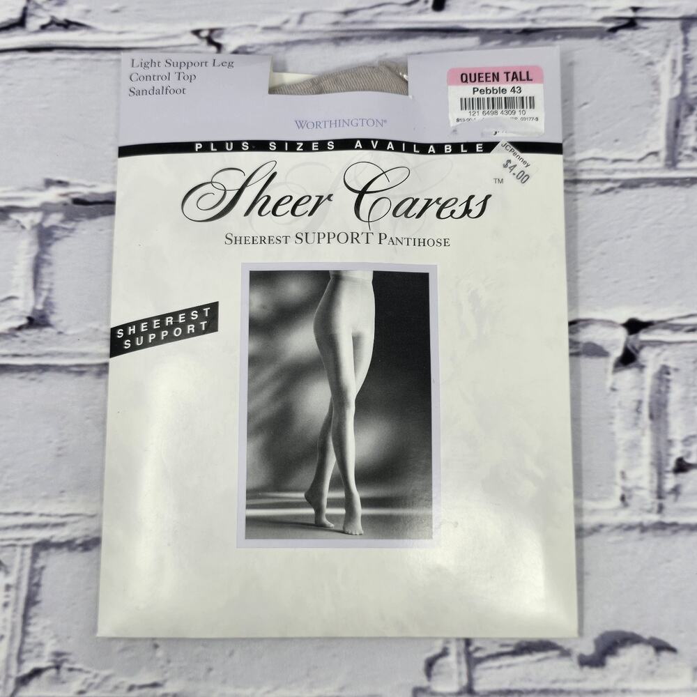 Vintage JCPenney Worthington Sheer Caress Support Pantyhose Queen Tall Pebble 43